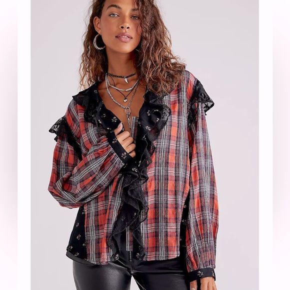 Free People Red and Black Plaid Blouse Shirt Size Small - Picture 1 of 9
